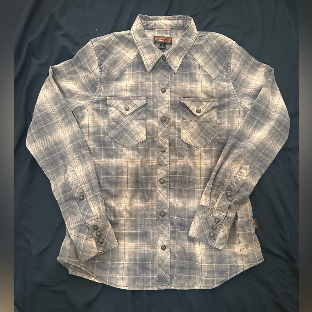 Patagonia Western Snap Flannel Shirt Hemp Men's Small Dolomite Blue Plaid Gorp